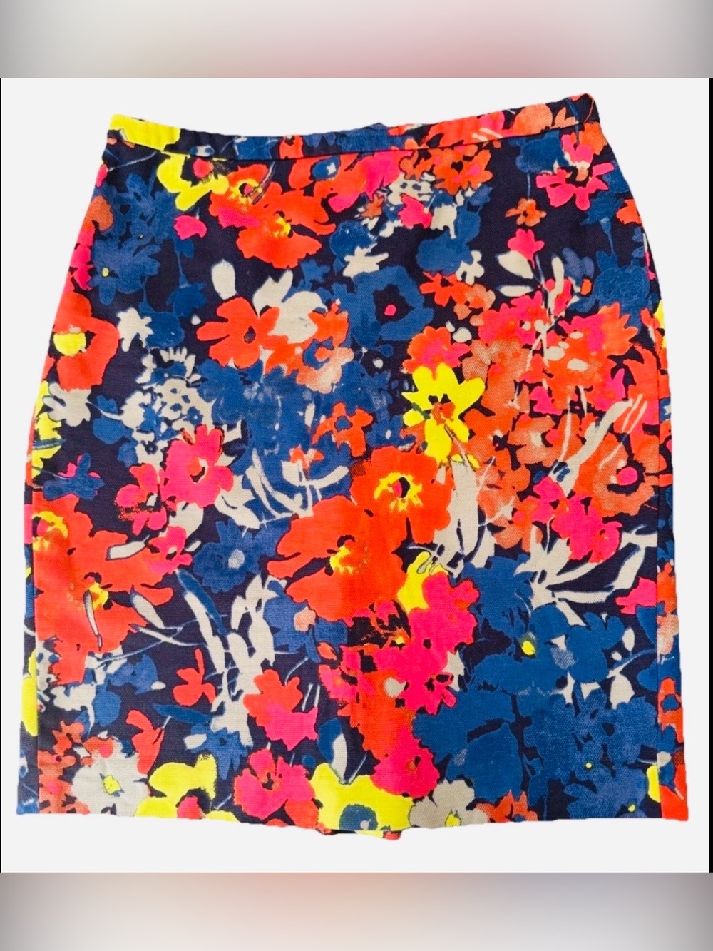 LOFT Fun Floral Skirt Size 12 Blue Pink Yellow Cotton Slight Stretch Knee Length